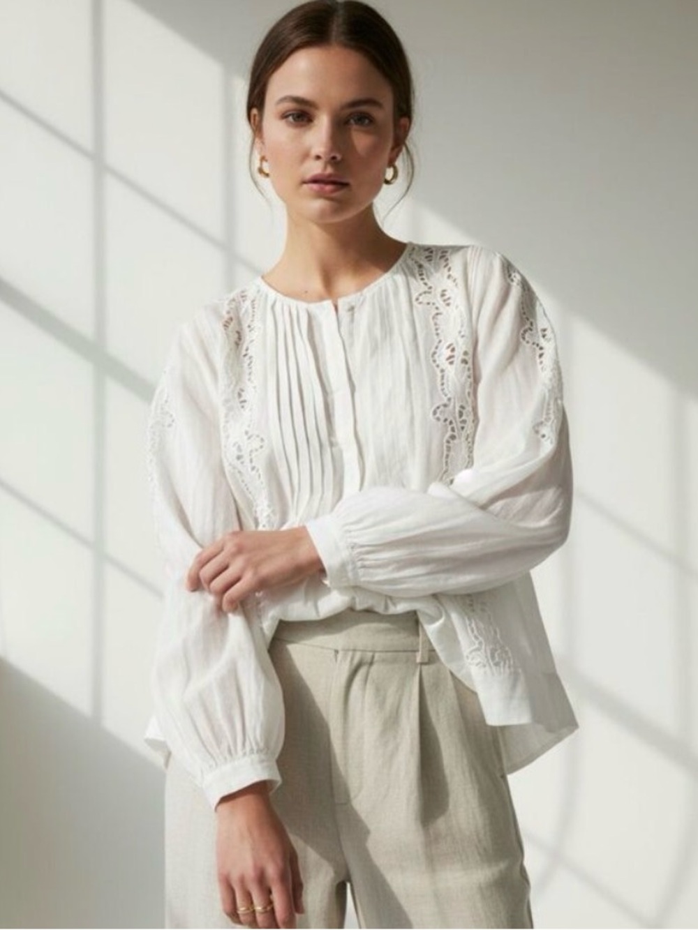 Nili Lotan Flowy White Cutout Embroidered Ramie Blouse XS
